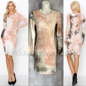 Baked Pink/Black Tie Dye Long-sleeved Body-con Midi Dress